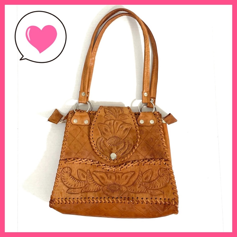 Vintage genuine leather carved leather bag purse